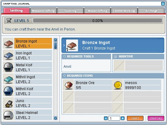 Crafting Journal showing Bronze Ingot, an Anvil requirement, five Bronze Ore and 100 mesos