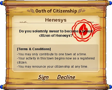 Henesys Oath of Citizenship showing the registration terms