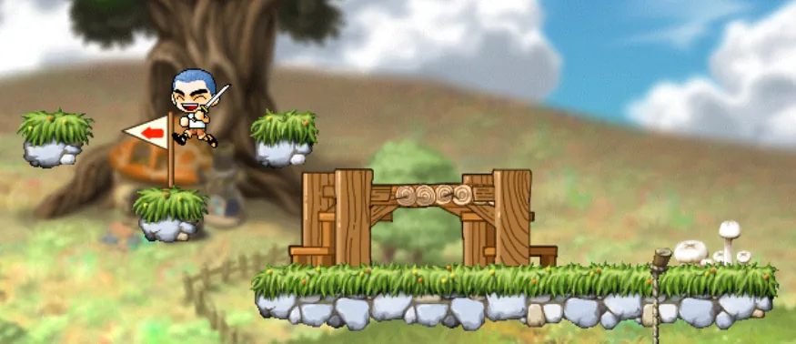 Physical Fitness Challenge gameplay with small grass platforms, a direction sign and wooden obstacles