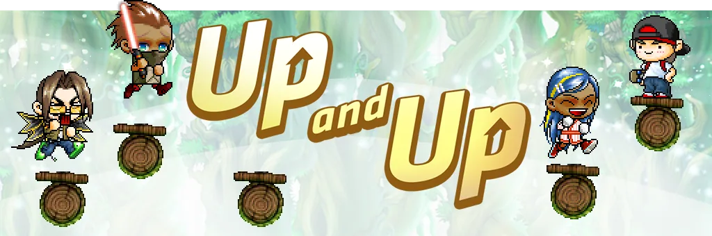 Up and Up event artwork with characters on raised wooden platforms