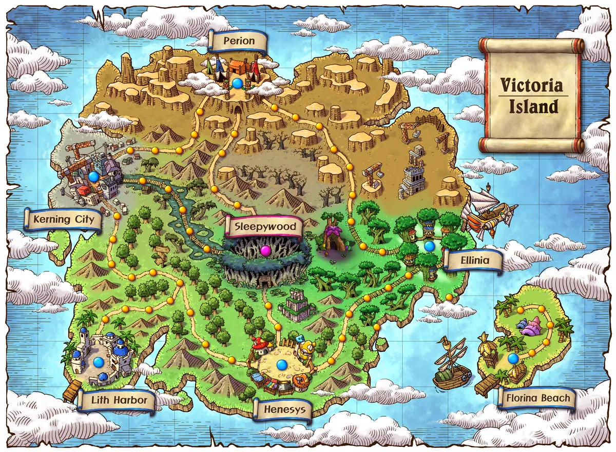 Victoria Island world map with Henesys, Kerning City, Perion, Ellinia and Lith Harbor